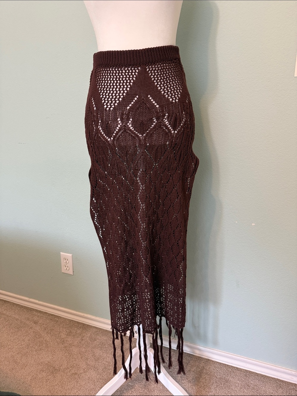 House of Harlow 1960 Brown Crochet Fringe Maxi Skirt